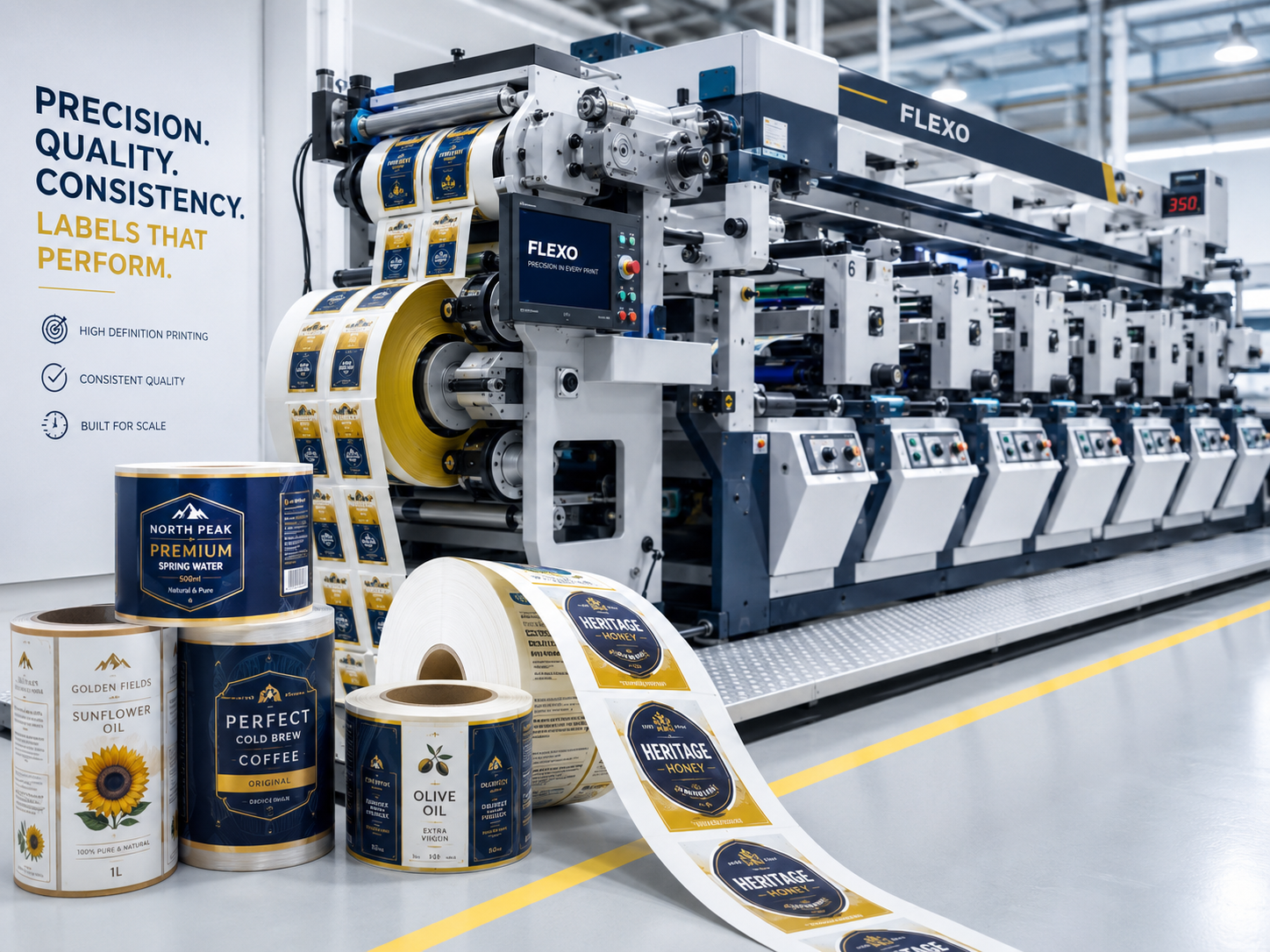 Impressora flexográfica ao fundo mostrando a produção de etiquetas, com rolos e produtos em destaque