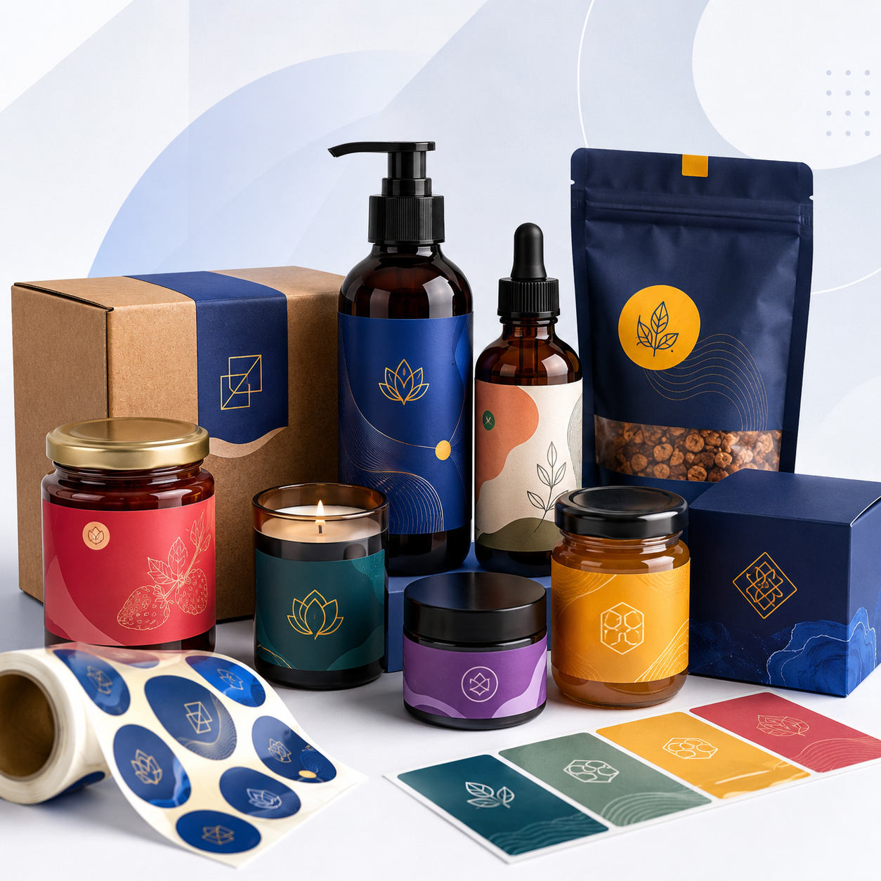 Produtos e embalagens com etiquetas personalizadas no estilo Kodiart