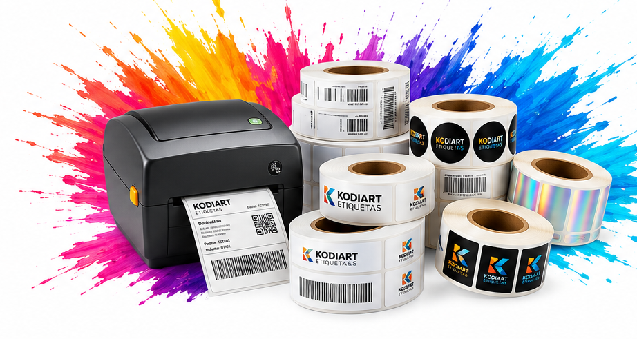 Impressora e rolos de etiquetas Kodiart com splash colorido ao fundo