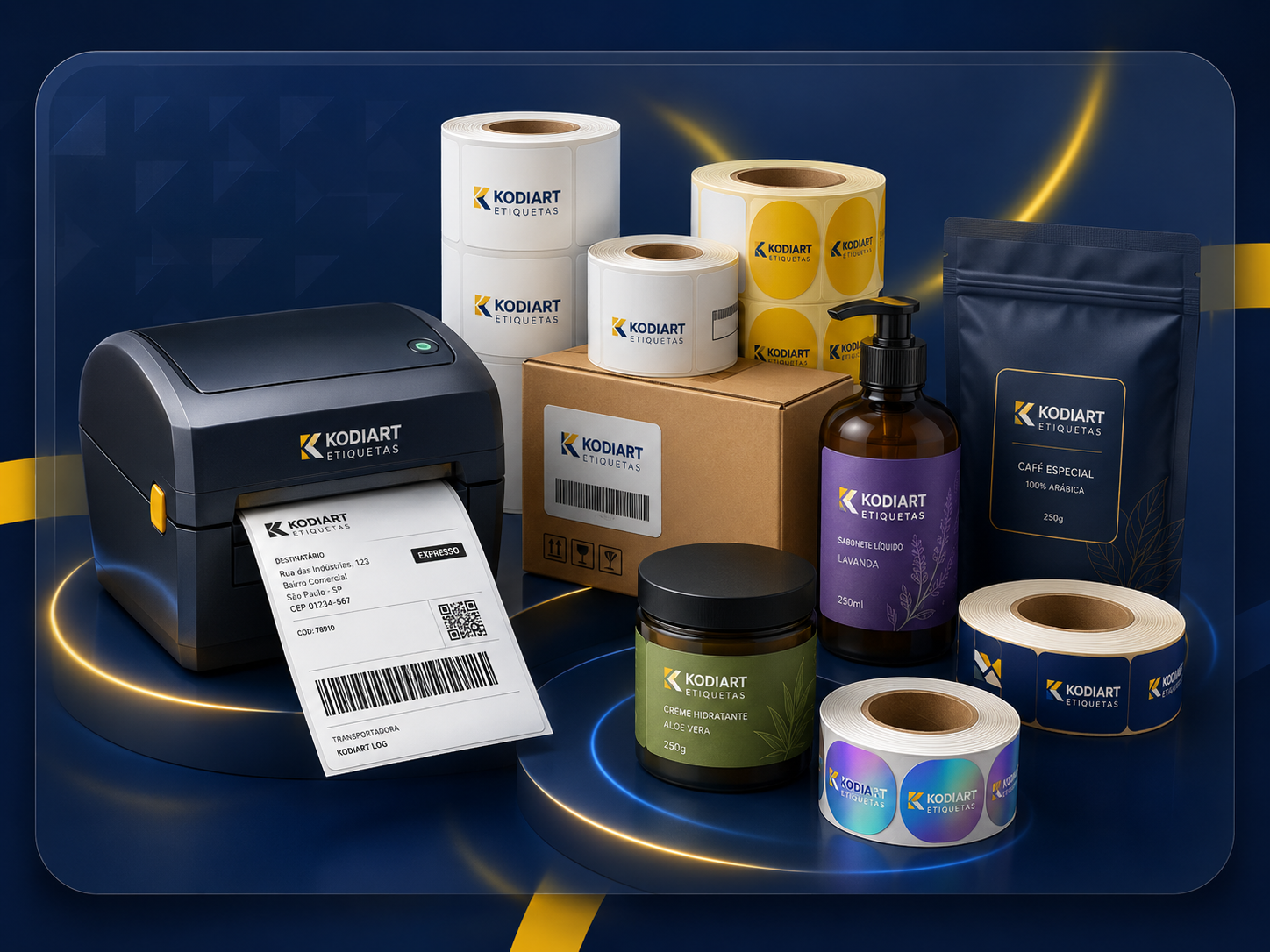Composição de produtos Kodiart com impressora térmica, etiquetas brancas e coloridas, embalagens e rótulos